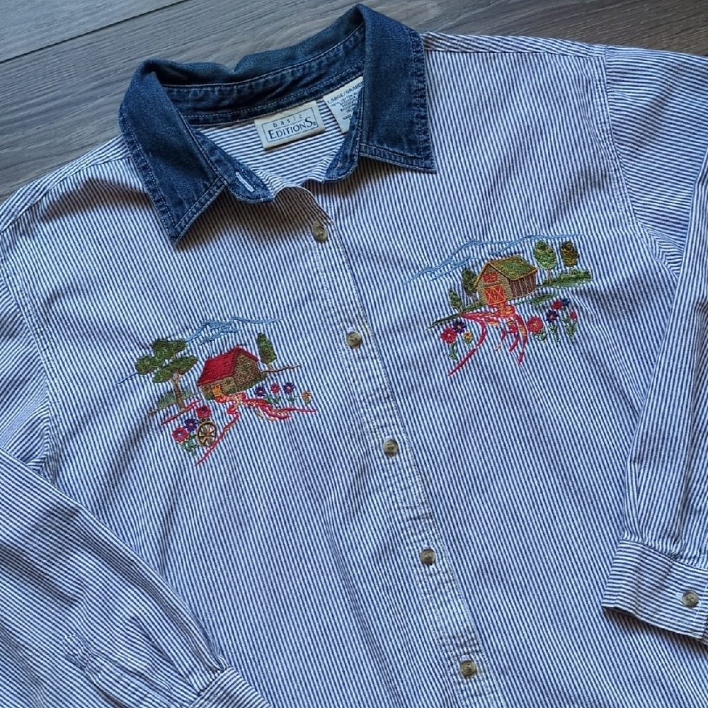 Basic Edition Floral Farm Button Down Long‎ Sleeve Shirt Striped, Denim Collar L